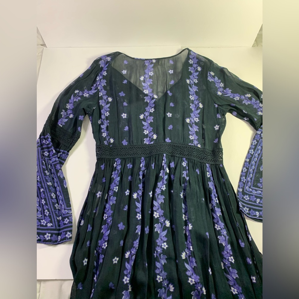 Boho Revival M Blue Black Floral Button Sheer V-neck Lace Maxi Dress Bell sleeve